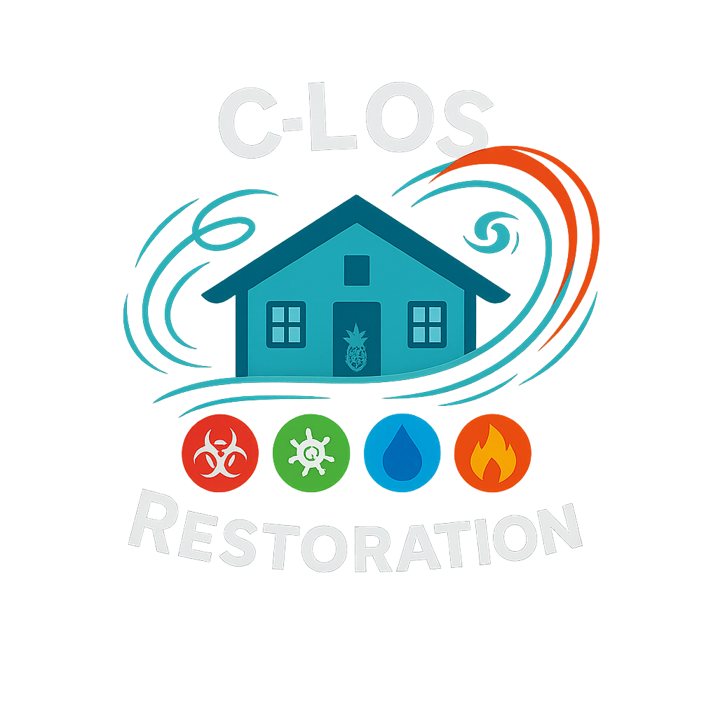 C-Los Restoration & Cleaning logo with icons for biohazard, mold, water damage, and fire restoration
