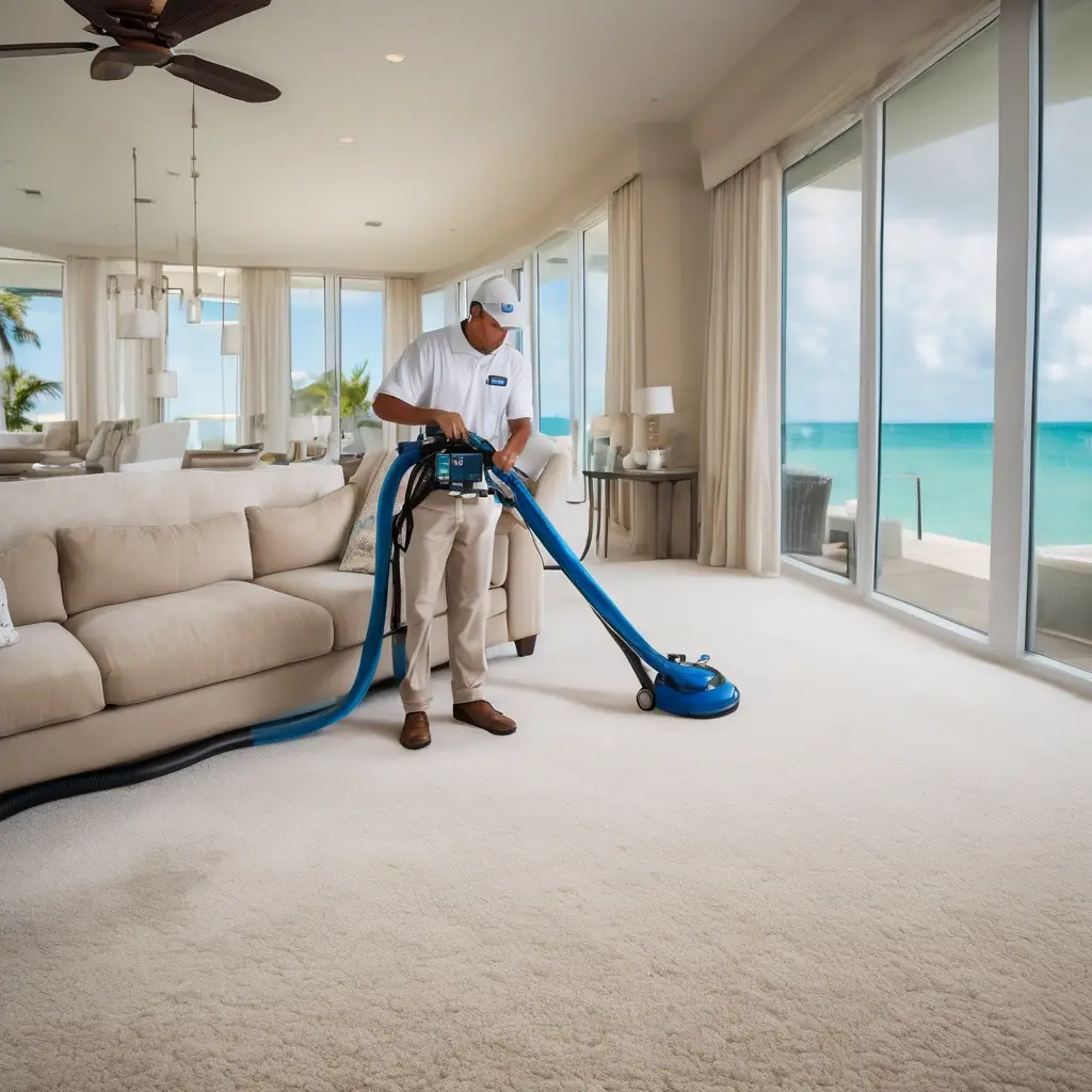 Technician performing professional carpet cleaning with hot water extraction in a luxury Florida Keys home with ocean view