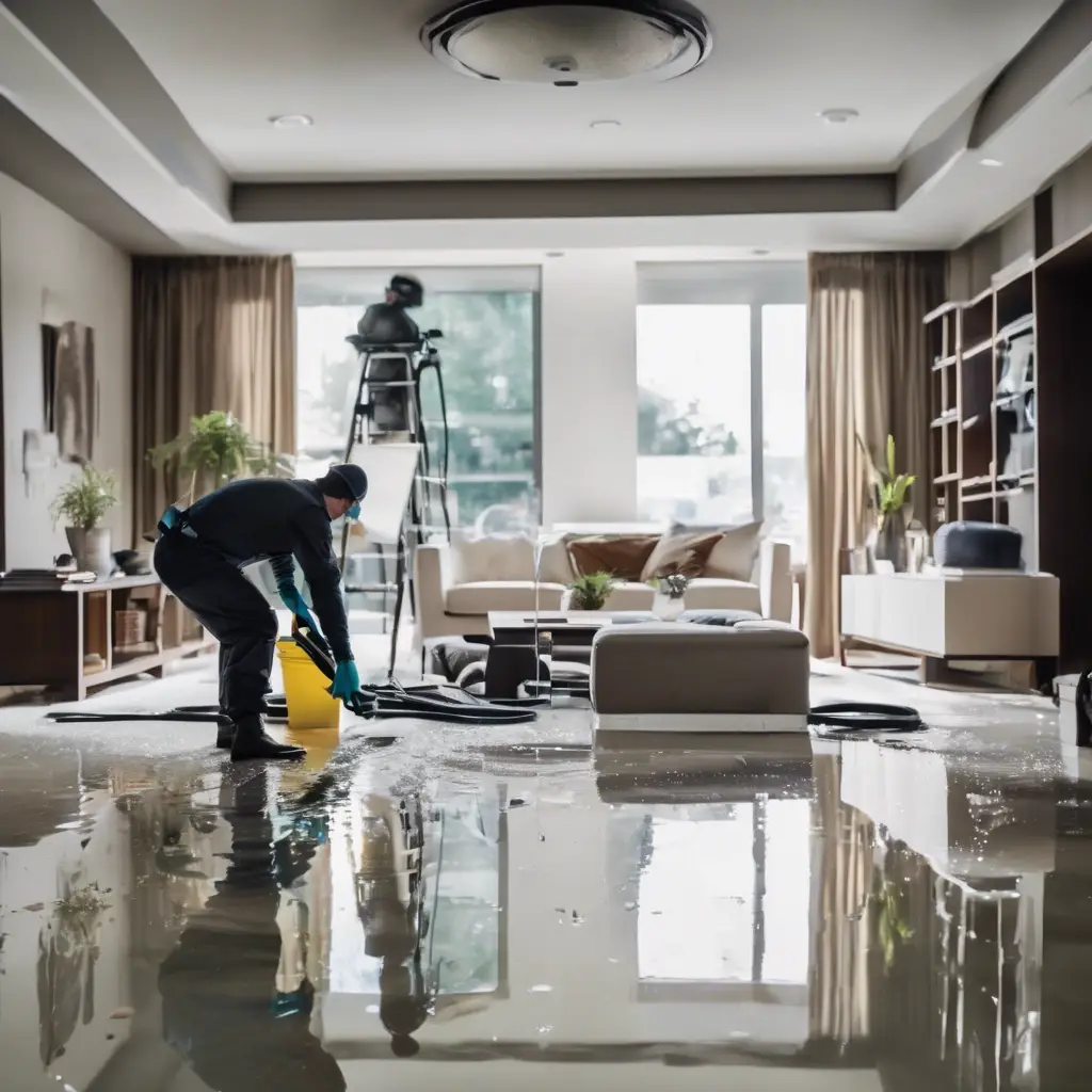 Technician cleaning flooded living room after water damage with drying equipment