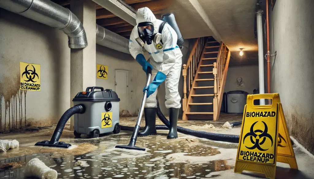 Technician in protective suit performing biohazard cleanup with warning signs, sewage and trauma restoration service