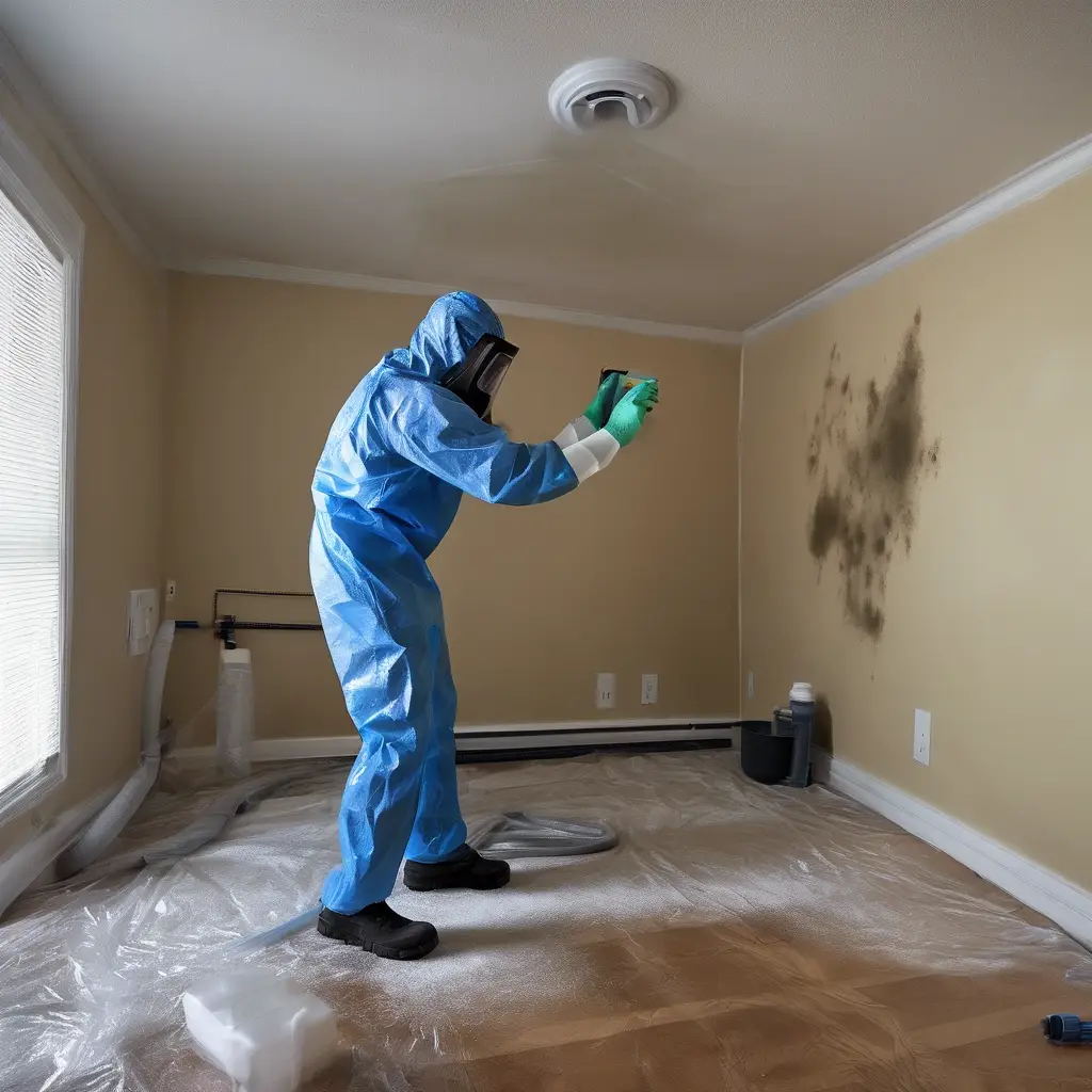 Technician applying moisture control and mold prevention steps with protective equipment inside a home, improving indoor air quality.