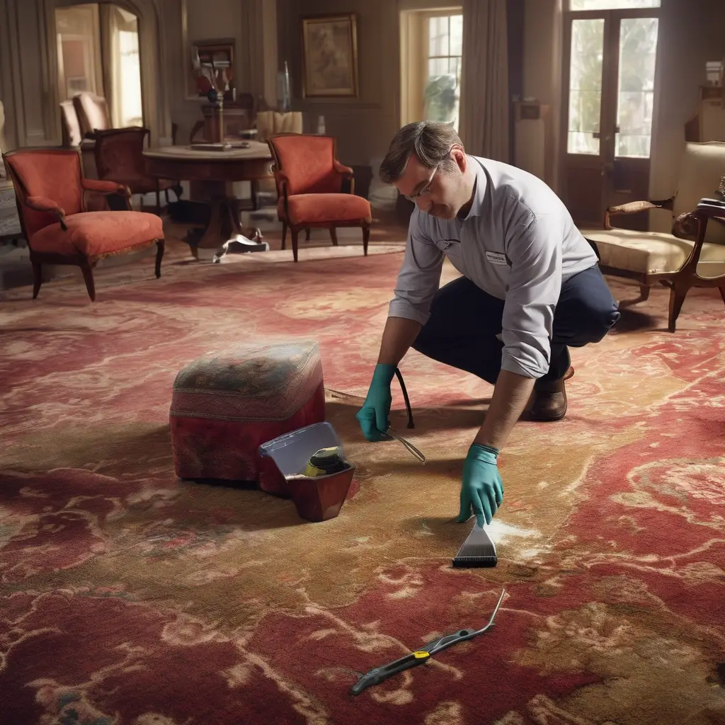 Technician performing carpet color correction, restoring faded fibers in a luxury home