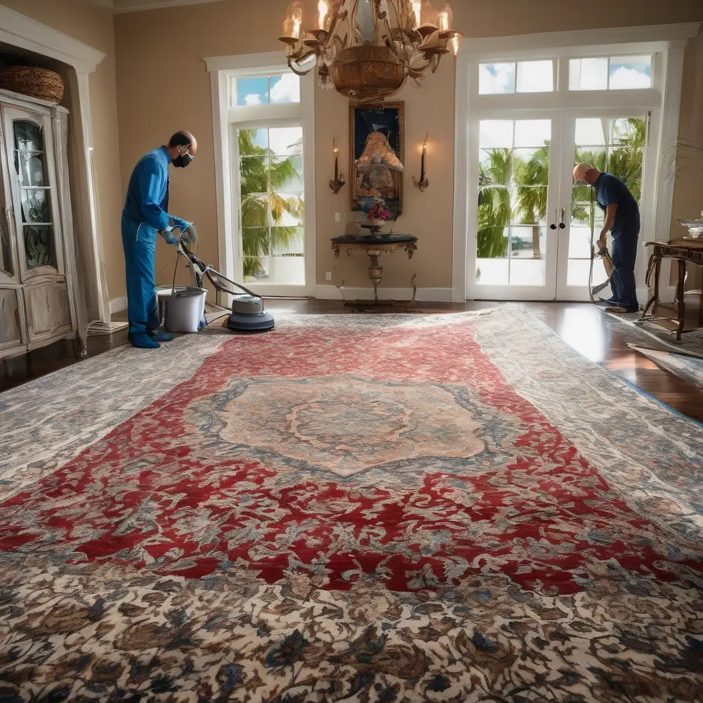 Technician performing professional Persian and Oriental rug cleaning in a luxury home